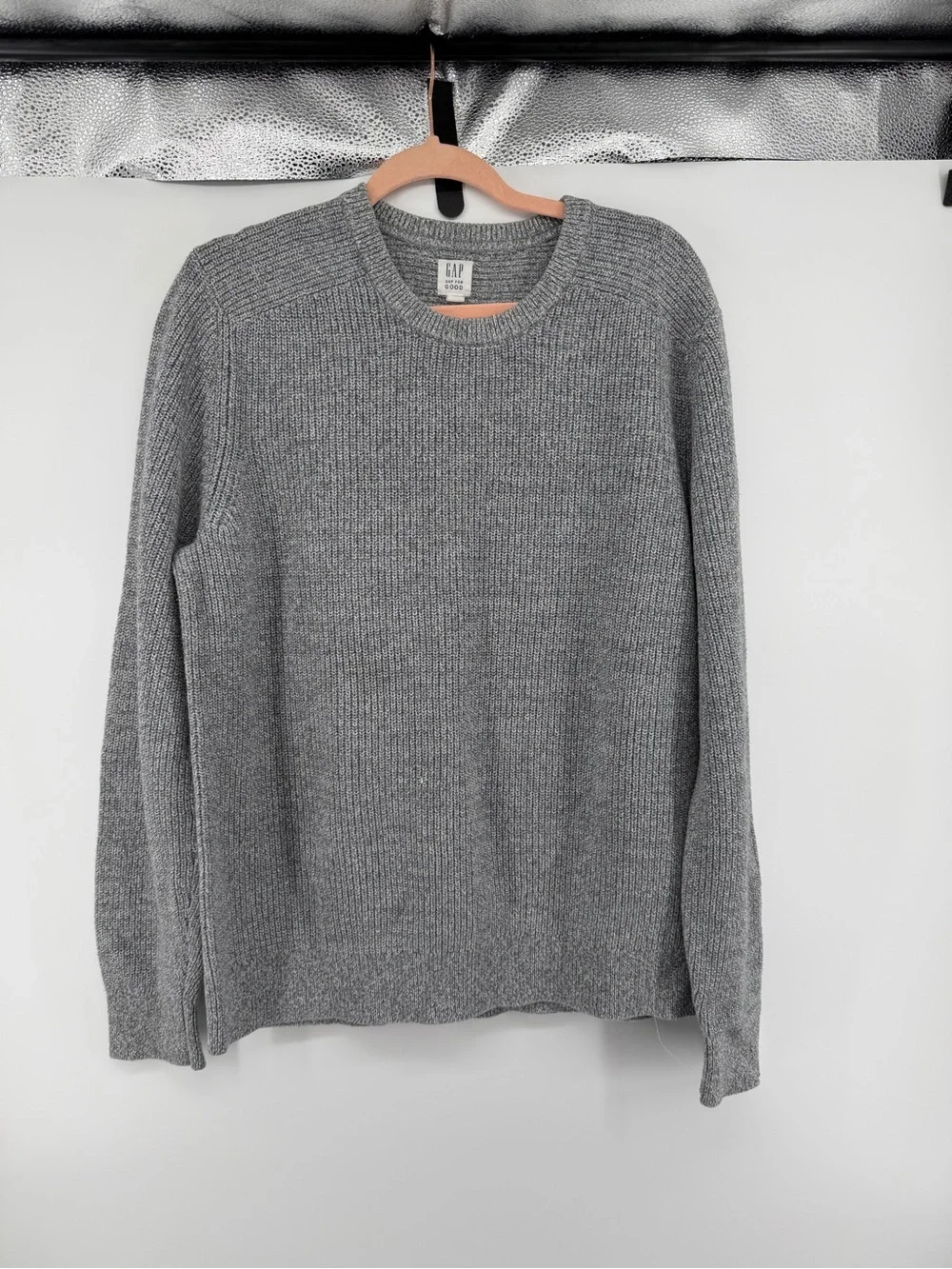Normalcore Preppy Quiet LuxuryGap For Good Grey Ribbed Knit Crewneck Sweater SzL